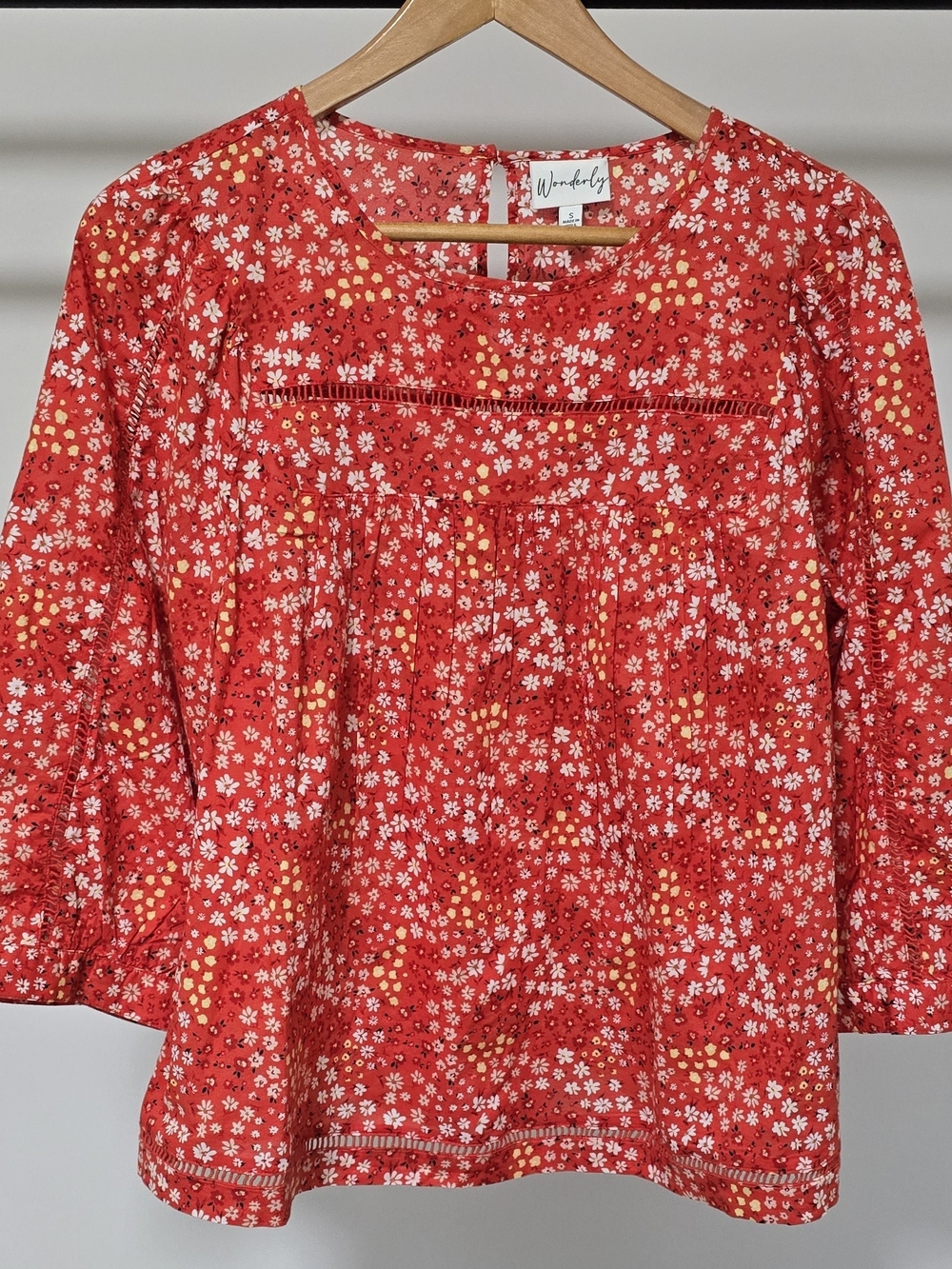 Wonderly Red Floral Peasant Tunic with Pintuck Yoke